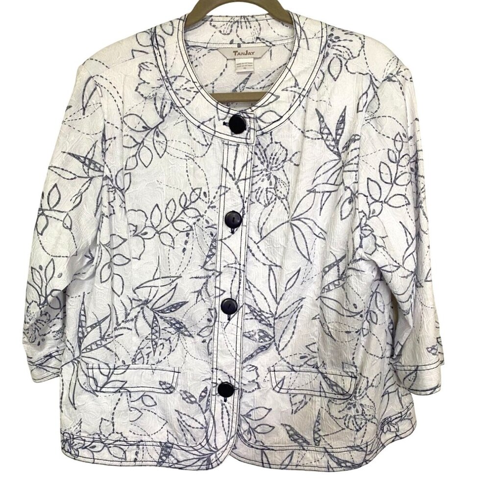 Vintage TanJay Womens White & Navy Floral Button-Up Jacket Size 16 Career Y2K